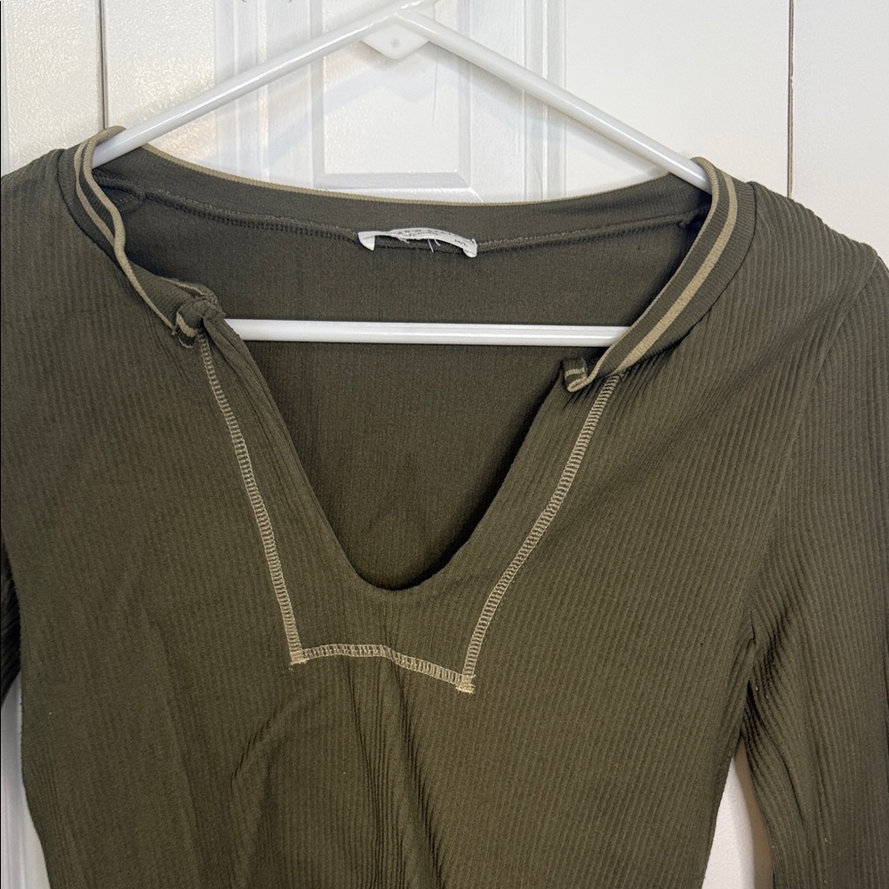 Altar'd State Olive Ribbed V-Neck Top
